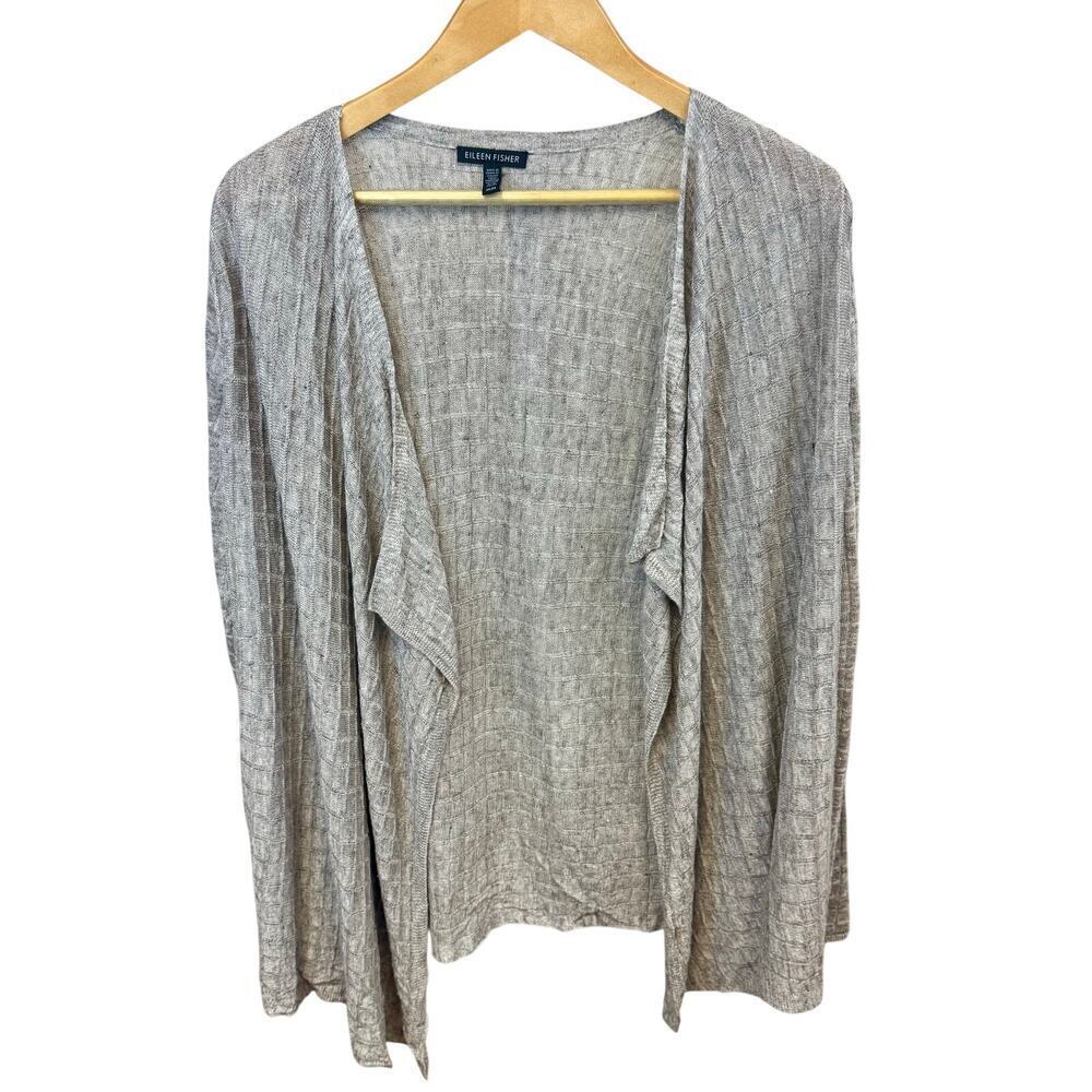 EILEEN FISHER Lightweight 100%‎ Linen Taupe Open Shawl Collar Cardigan Women's M